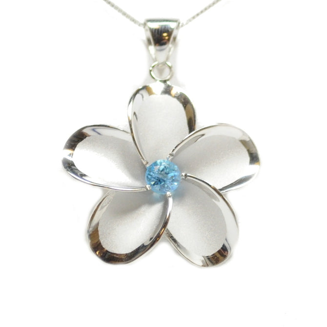 Sterling Silver Plumeria Flower with Blue Topaz Necklace