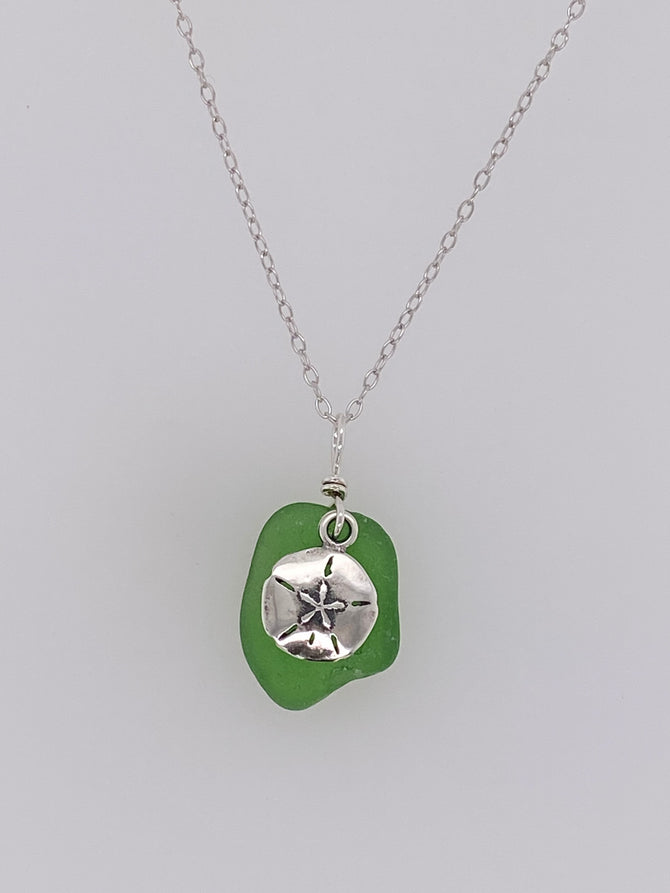 Sea glass and sand dollar sterling silver  necklace