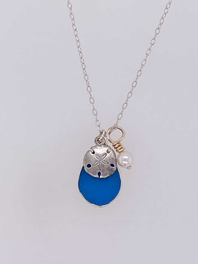 Sea Glass bezel set sand dollar and pearl Sterling Silver Necklace