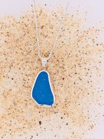 Sea Glass Cornflower Blue bezel set Sterling Silver Necklace