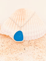 Sea Glass Cornflower Blue bezel set Sterling Silver Necklace