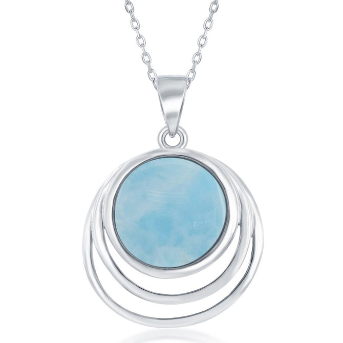 sterling silver triple wave design round center larimar pendent