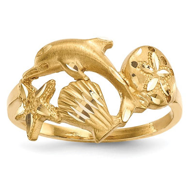 14K Polished and Satin Diamond-cut Dolphin Starfish Shell Sand Dollar Ring