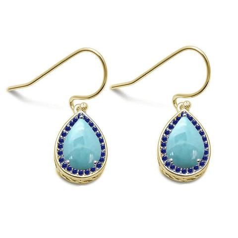 larimar and blue sapphire cz pear drop dangle gold plated sterling silver earrings