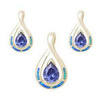 blue opal with tanzanite cz earring and pendent yellow gold plated sterling silver set