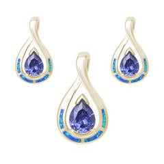 blue opal with tanzanite cz earring and pendent yellow gold plated sterling silver set