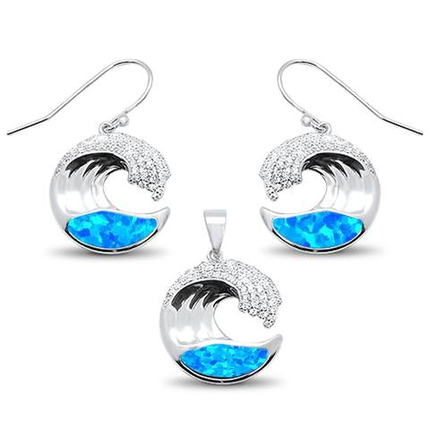 blue opal and cz ocean wave design earring and pendent sterling silver set