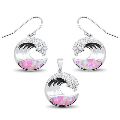 pink opal and cz ocean wave design earring and pendent sterling silver set