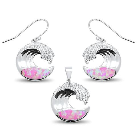 pink opal and cz ocean wave design earring and pendent sterling silver set