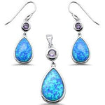pear shape blue opal and amethyst earring and pendent sterling silver set
