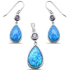 pear shape blue opal and amethyst earring and pendent sterling silver set