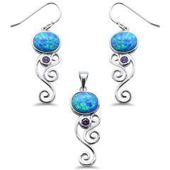 oval blue opal and amethyst earring and pendent sterling silver set