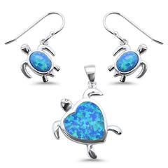 blue opal heart and turtle earring and pendent sterling silver set