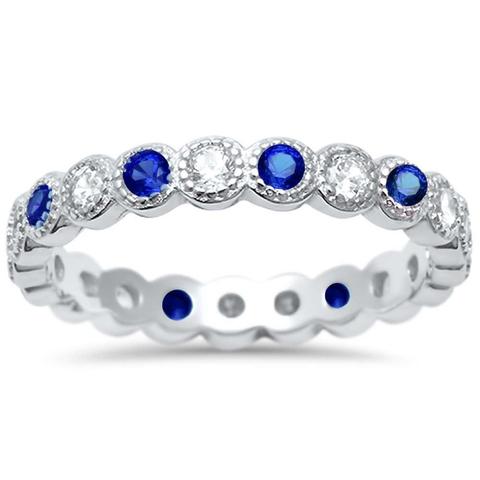blue sapphire cz bezel set eternity stackable sterling silver ring