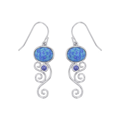 sterling silver blue opal oval shape w/ round tanzanite bezel cz swirl earring