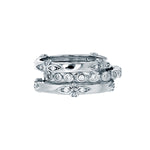 sterling silver rhodium plated 3 pc stacking ring with round bezel cz & floral ring