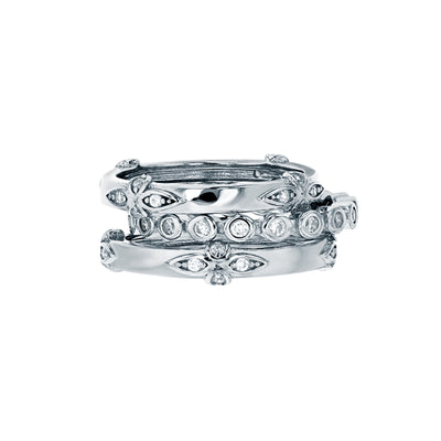 sterling silver rhodium plated 3 pc stacking ring with round bezel cz & floral ring