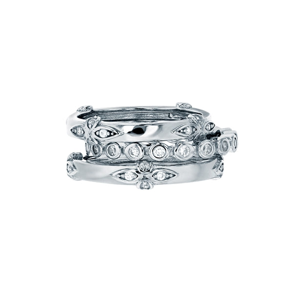 sterling silver rhodium plated 3 pc stacking ring with round bezel cz & floral ring