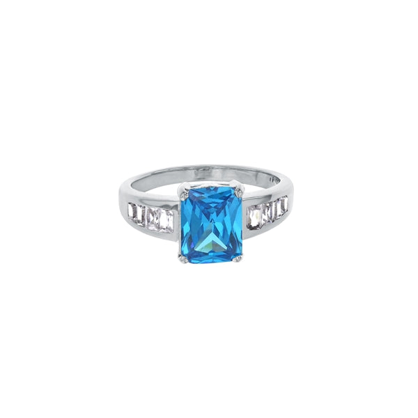 sterling silver rectangle shape aquamarine cz ring