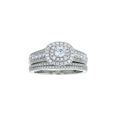 sterling silver rhodium plated 4mm rd. cz with cushion border w/ 2 strand cz band