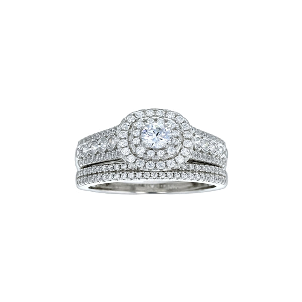 sterling silver rhodium plated 4mm rd. cz with cushion border w/ 2 strand cz band