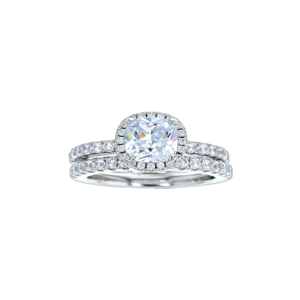 sterling silver rhodium plated 7mm sq.cz in center w/cz band 2 pc ring