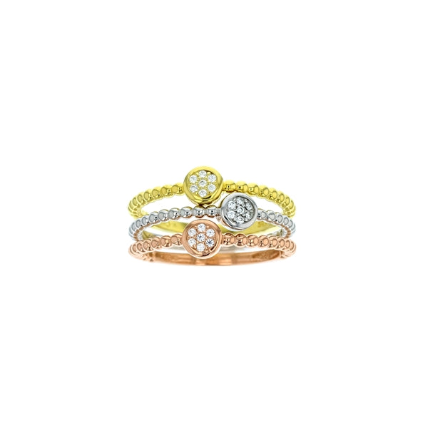sterling silver tri color 3 mm round pave cz braided stackable 3 piece ring