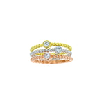 sterling silver tri color 3mm round bezel cz braided stackable 3 piece ring