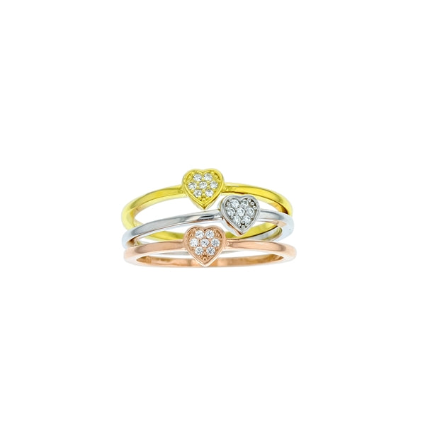 sterling silver tri color small heart cz band stackable 3 pc ring
