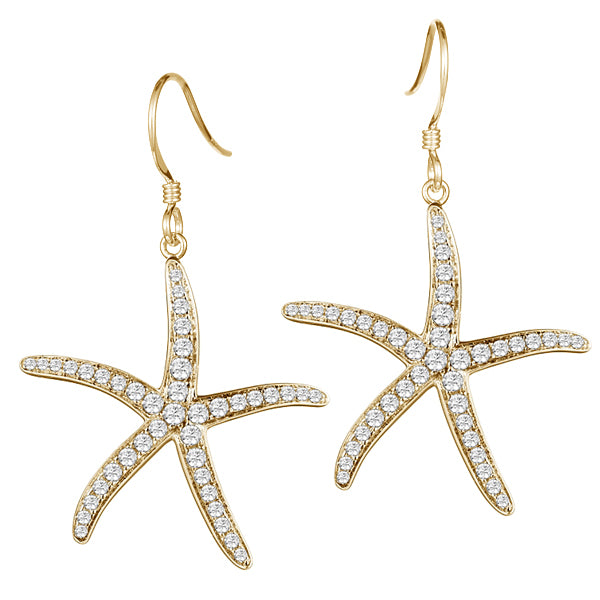 sterling silver pave cubic zirconia gold overlay starfish earrings