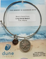 dune jewelry silver sand dollar bracelet with sand from York beach Maine